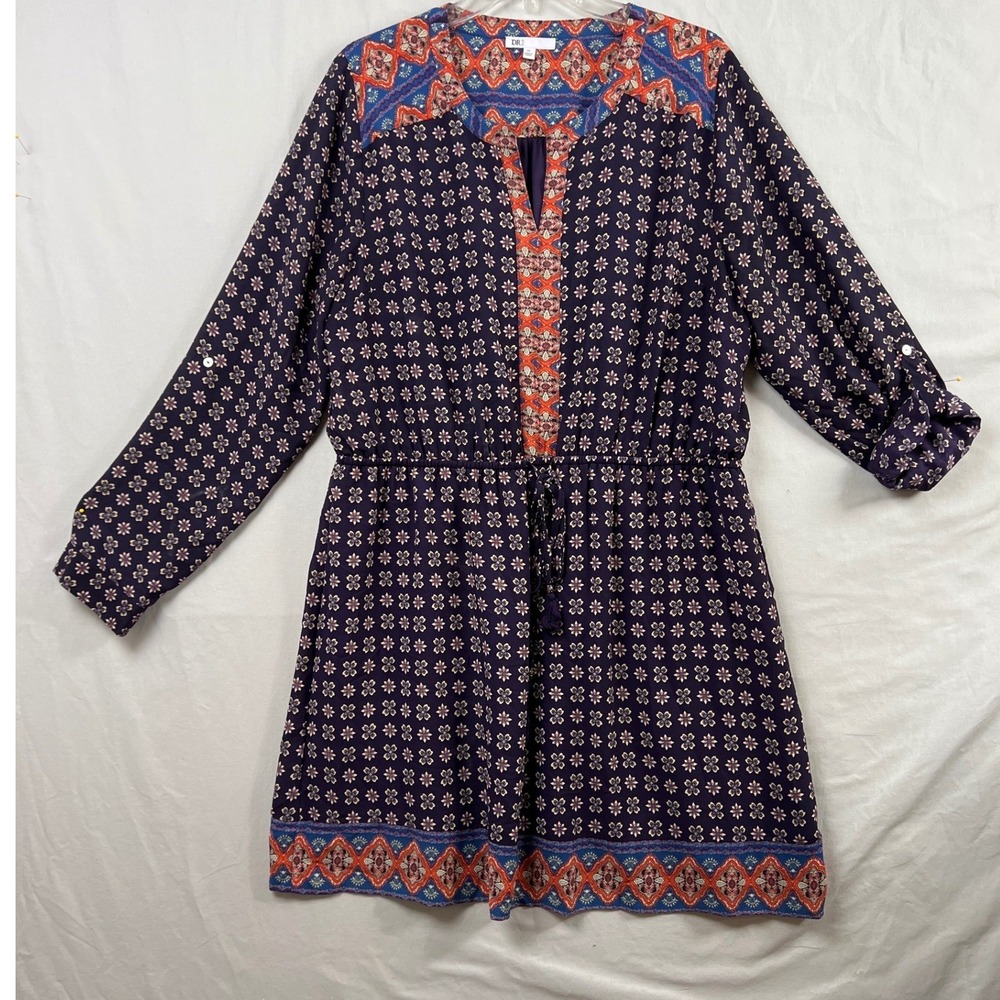 DR2 Dress Womens XL Navy Blue Boho Geometric Roll Tab Sleeve V-Neck Lined